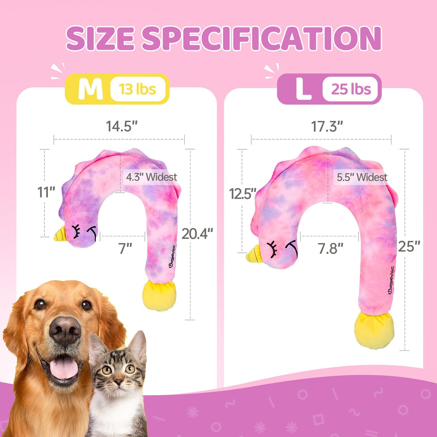 BurgeonNest Small Dog Calming Pillow for Dogs and Cats, Fluffy Soft Colorful Sleep Bolster Cozy Pet Bed Pillow, Great Present for Senior Pup Puppy Kitten, Washable, M