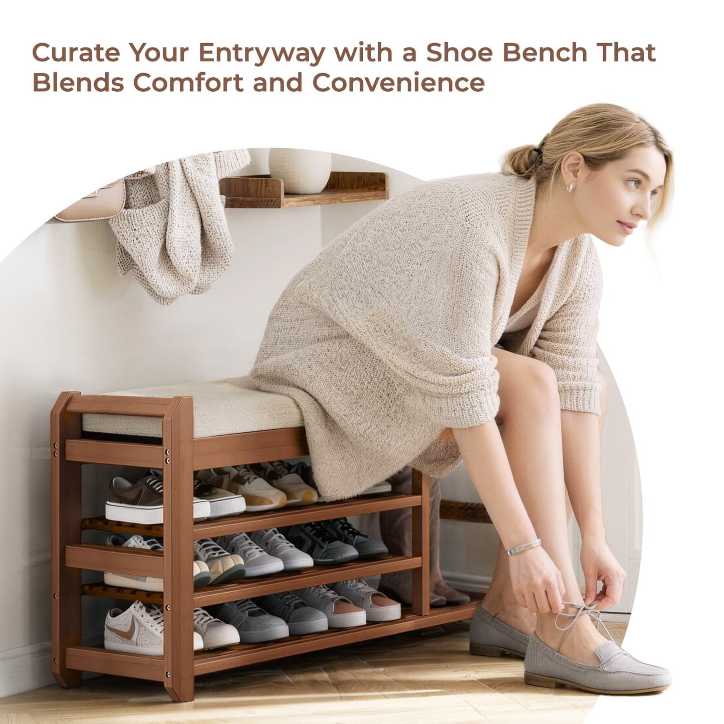 ACSWOD 39.4" Bamboo Shoe Bench with Cushion, 6 Hooks Coat Rack, 3-Tier Adjustable Storage Bench for Entryway, Heavy Duty Shoe Rack Organizer with Removable Soft Cushion for Living Room Bedroom Hallway