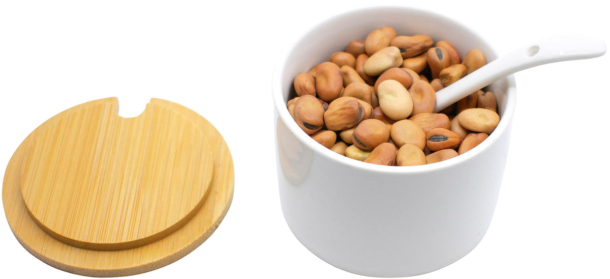 Set of 3 Ceramic Condiment Jars in Varying Sizes With Spoons & Bamboo Lids and Tray (White)