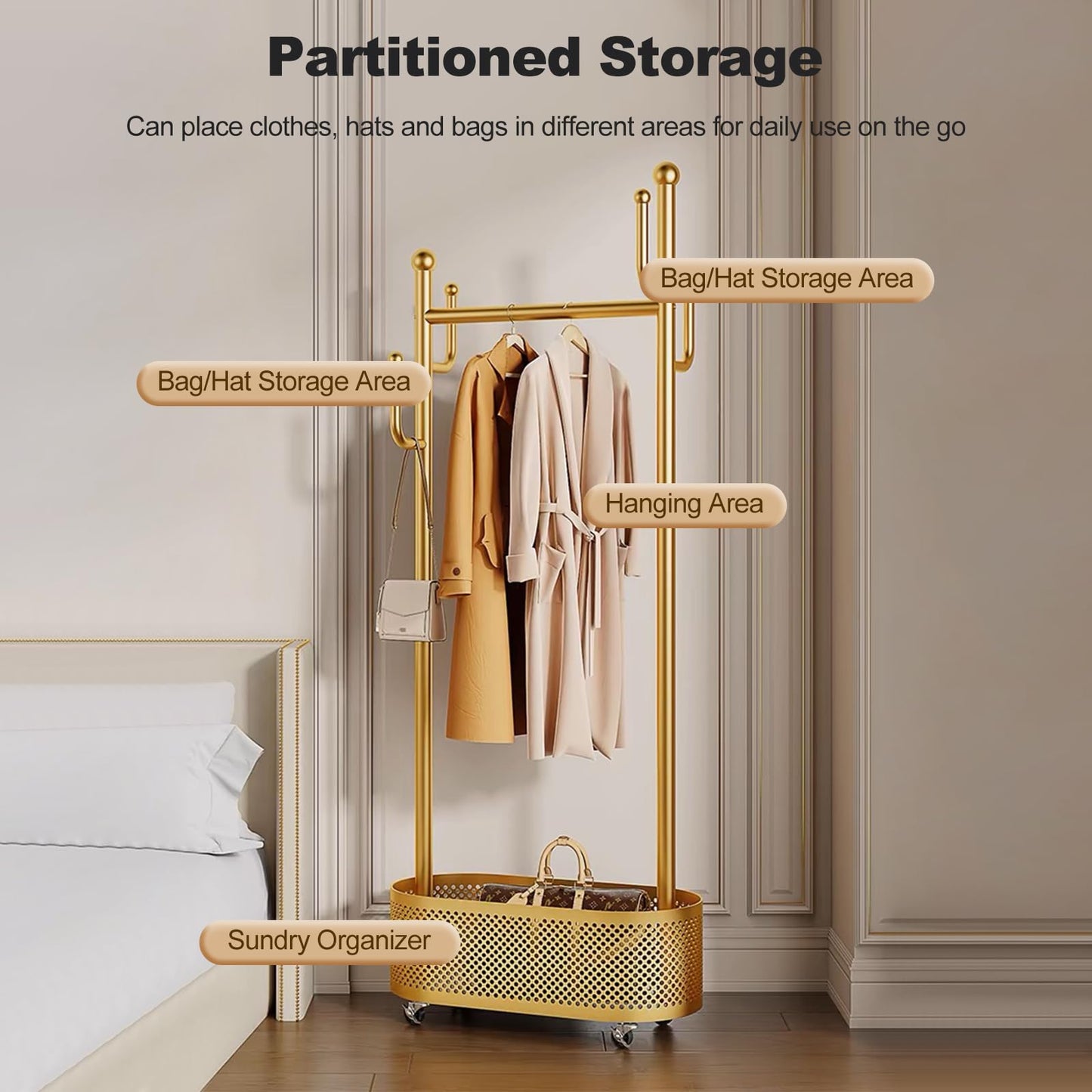 Ergocar Coat Stand. A jacket hat rack with a basket, multi -functional design. It can move stable at 360 °, suitable for placing in bed, living room and porch.