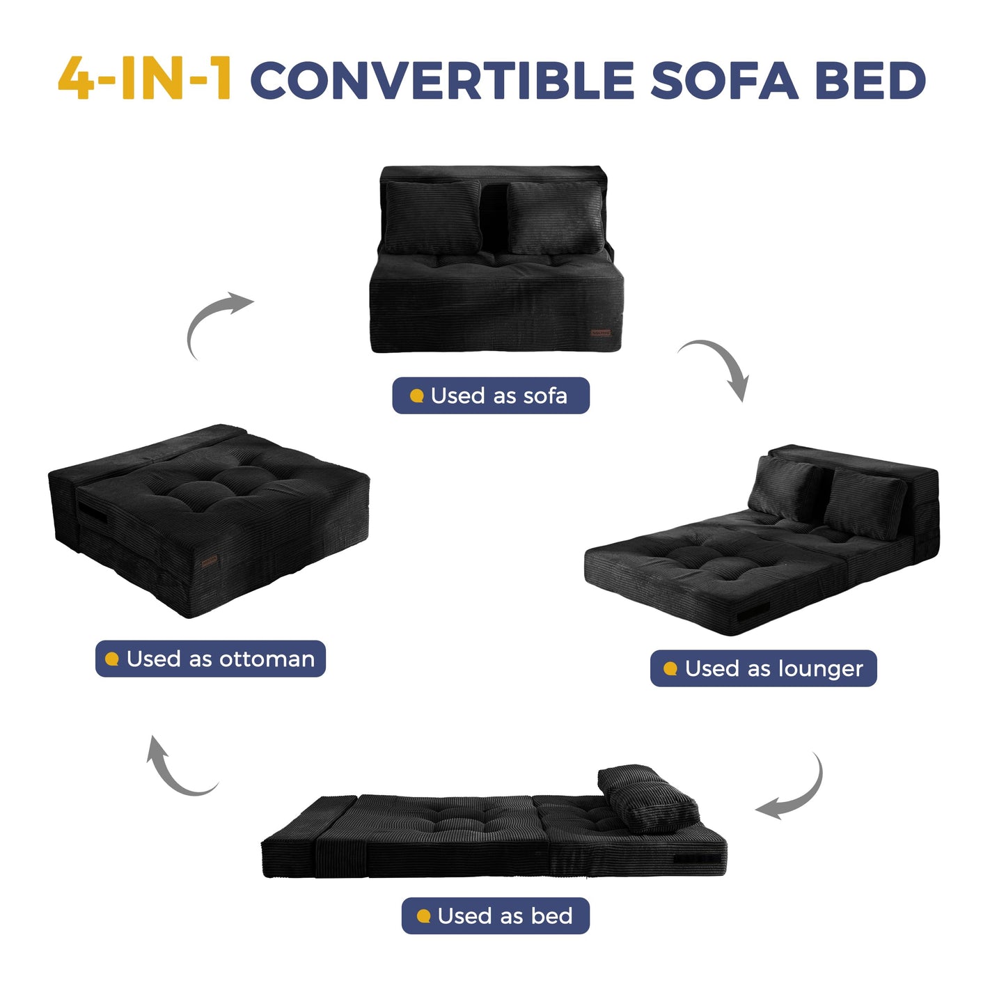 MAXYOYO Convertible Sofa Bed, Fold Out Loveseat Sleeper Sofa with Pillow, 4 in 1 Tufted Folding Couch Bed Foam Floor Couch, Lazy Chair for Living Room Bedroom Guest Room, Black