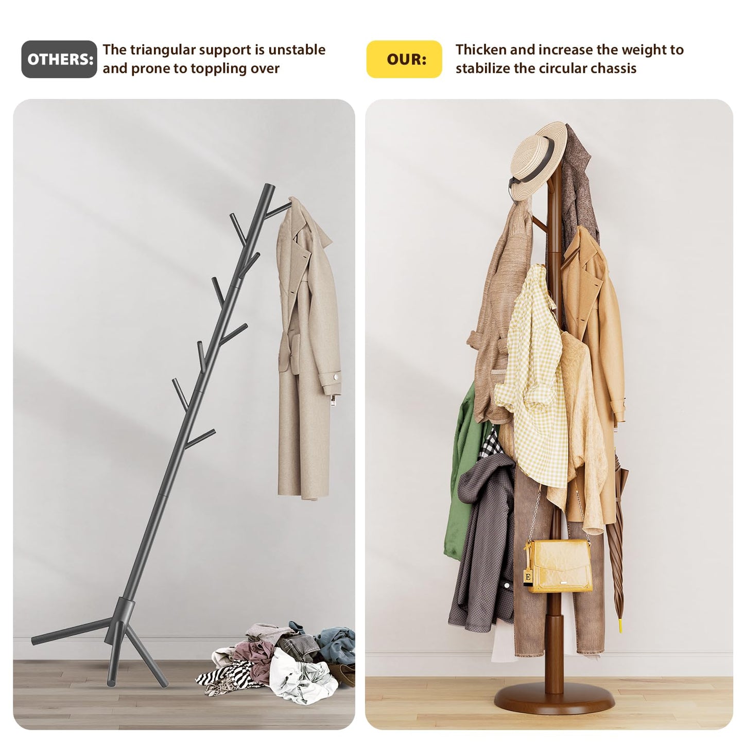 Taitiy Solid Wood Coat Rack Freestanding Coat Tree with 10 Hooks for Bedroom, Livingroom, Entryway, Sturdy Coat Hanger Stand for Hats, Coats, Scarves, Handbags, Purses