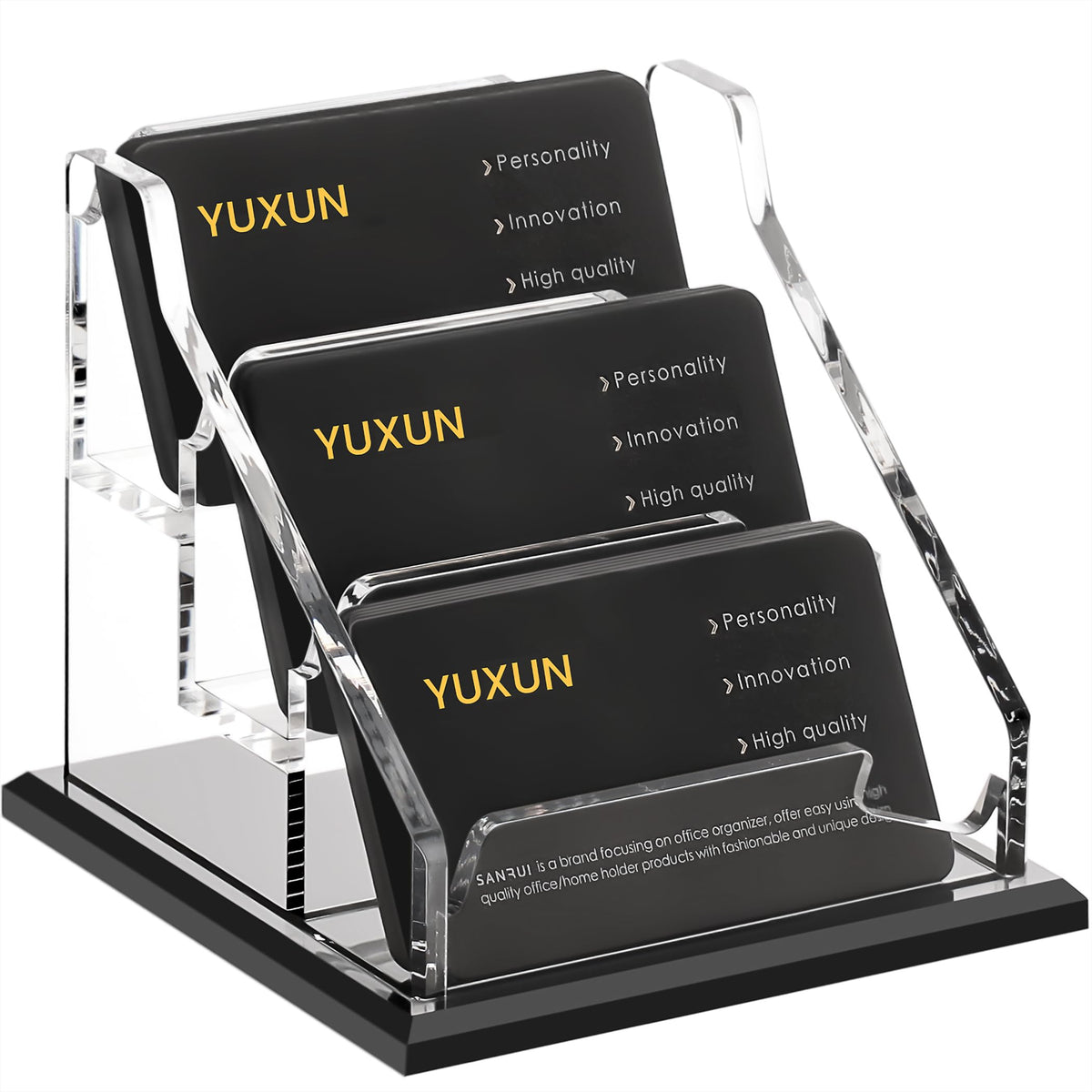 YUXUN Black Business Card Holder for Desk-3 Tier 3 Slot, Acrylic Business Card Holder for Women Men, 100+ Business Cards Display Stand, Multiple Business Card Display for Exhibition, Home, Office
