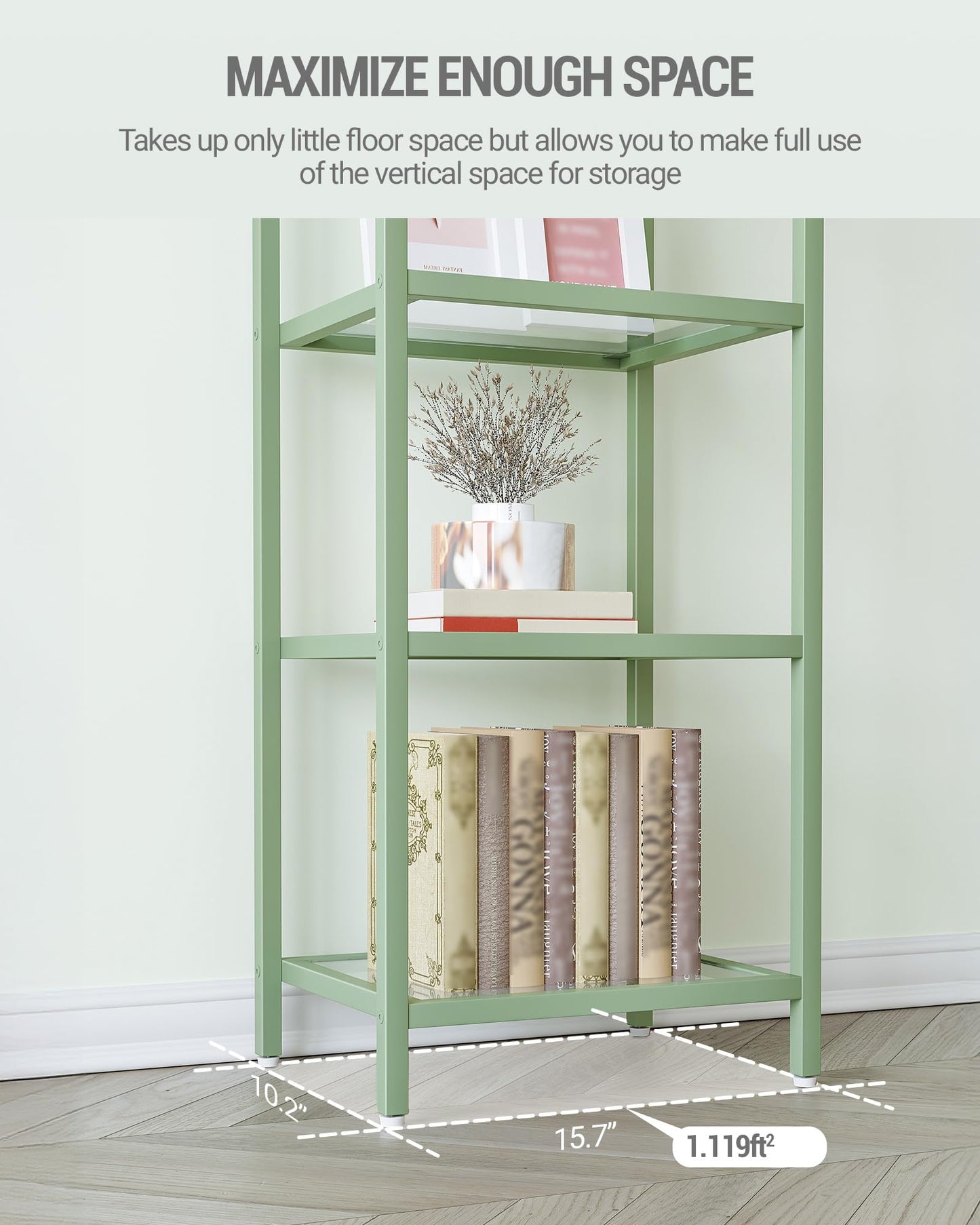 Hzuaneri Bookcase Bookshelf, Tempered Glass Bookshelves, Slim Shelving Unit for Bedroom, Bathroom, Home Office, Steel Frame, 5 Tier Green BC05099C