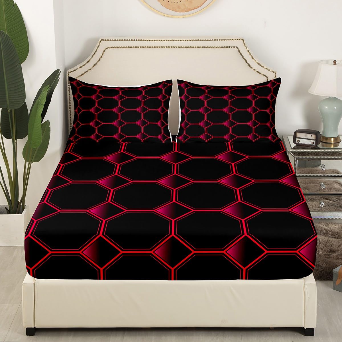 Honeycomb Bed Sheets Set Queen Size Geometric Hexagonal Beehive Sheet Set for Boys,3D Stereoscopic Red Hexagon Sheets,Neon Simplistic Geometrical Black Room Decor