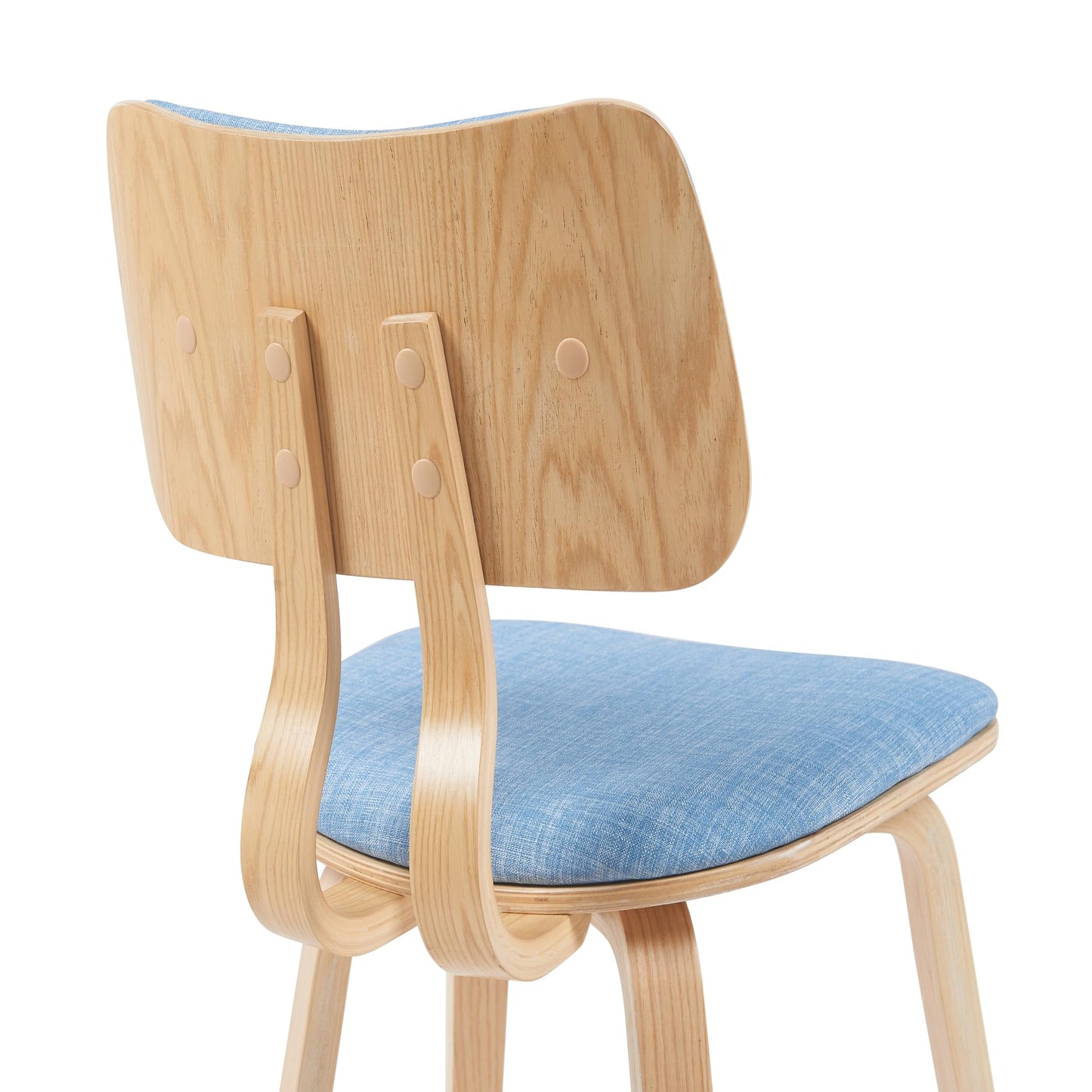 Armen Living Jaguar Mid-Century Dining Chair with Light Blue Fabric Upholstered Seat and Patterned Oak Wood Finish