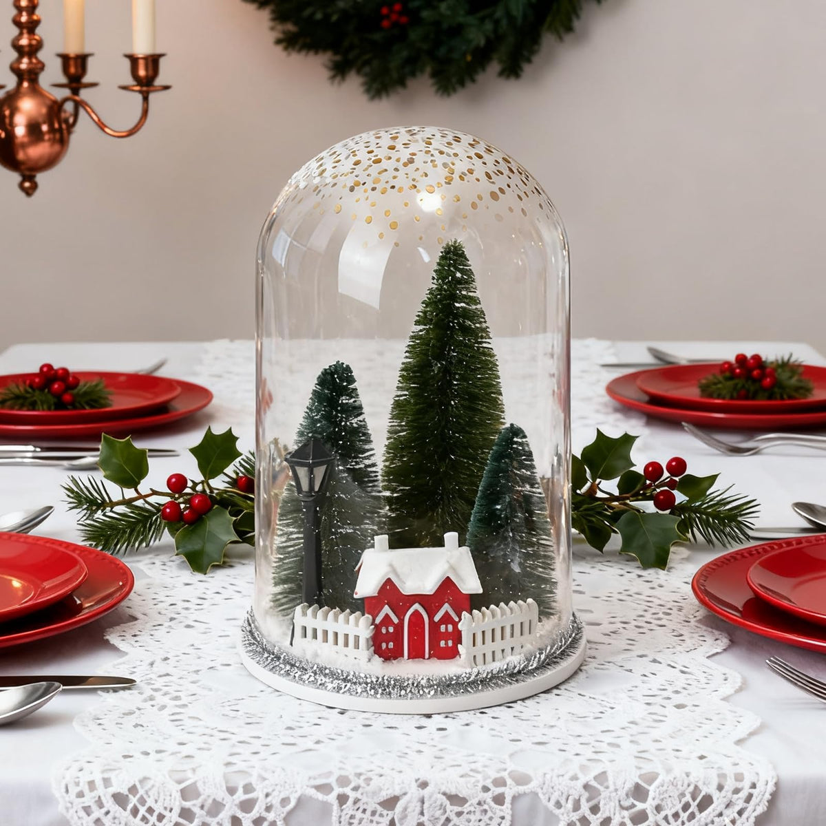 Christmas Decorations Table Centerpieces, Christmas Trees and Red House in Dome Cloche, Xmas Winter Tabletop Decor for Tiered Tray Shelf Mantel Fireplace Coffee Bar Office Desk Holiday Decoration