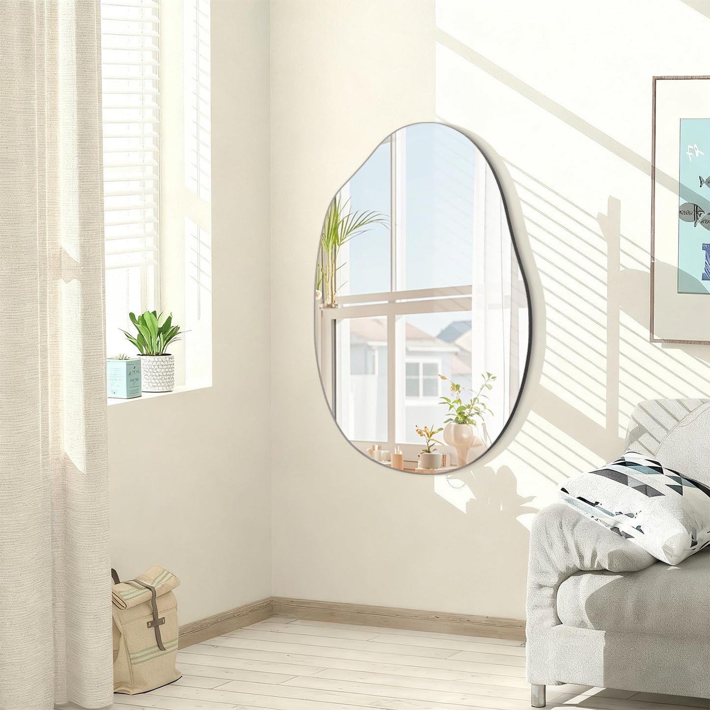 Lzuso Bathroom Wall Mirror Wood Framed Modern Decorative Irregular Asymmetrical Mirrors for Bedroom Living Room Entryway Dressing Table Wall Decoration Room Decor 26" L x 18" W