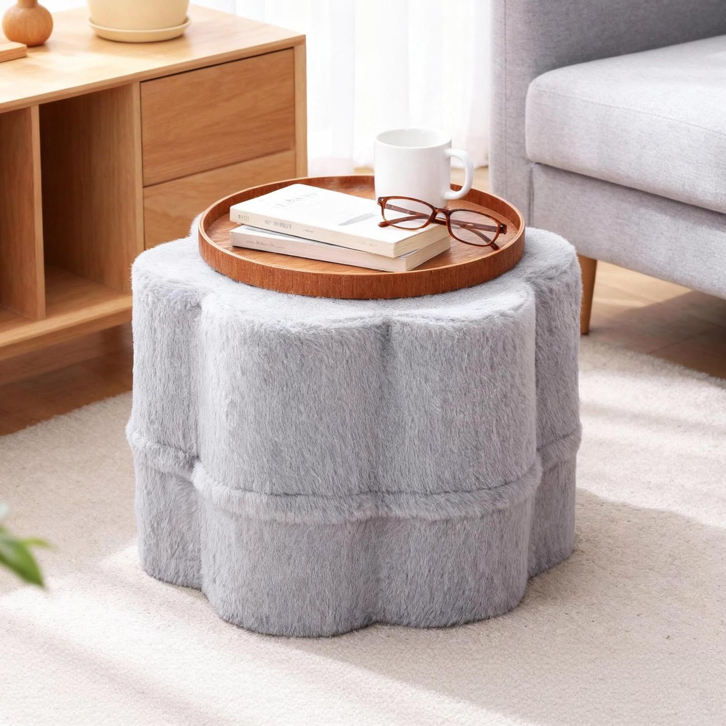 Tiita Floral Pouf Ottoman, Foot Stools Ottoman with Foam Chunk Filling, Puff Foot Rest for Couch, Living Room, Kids Room, Grey