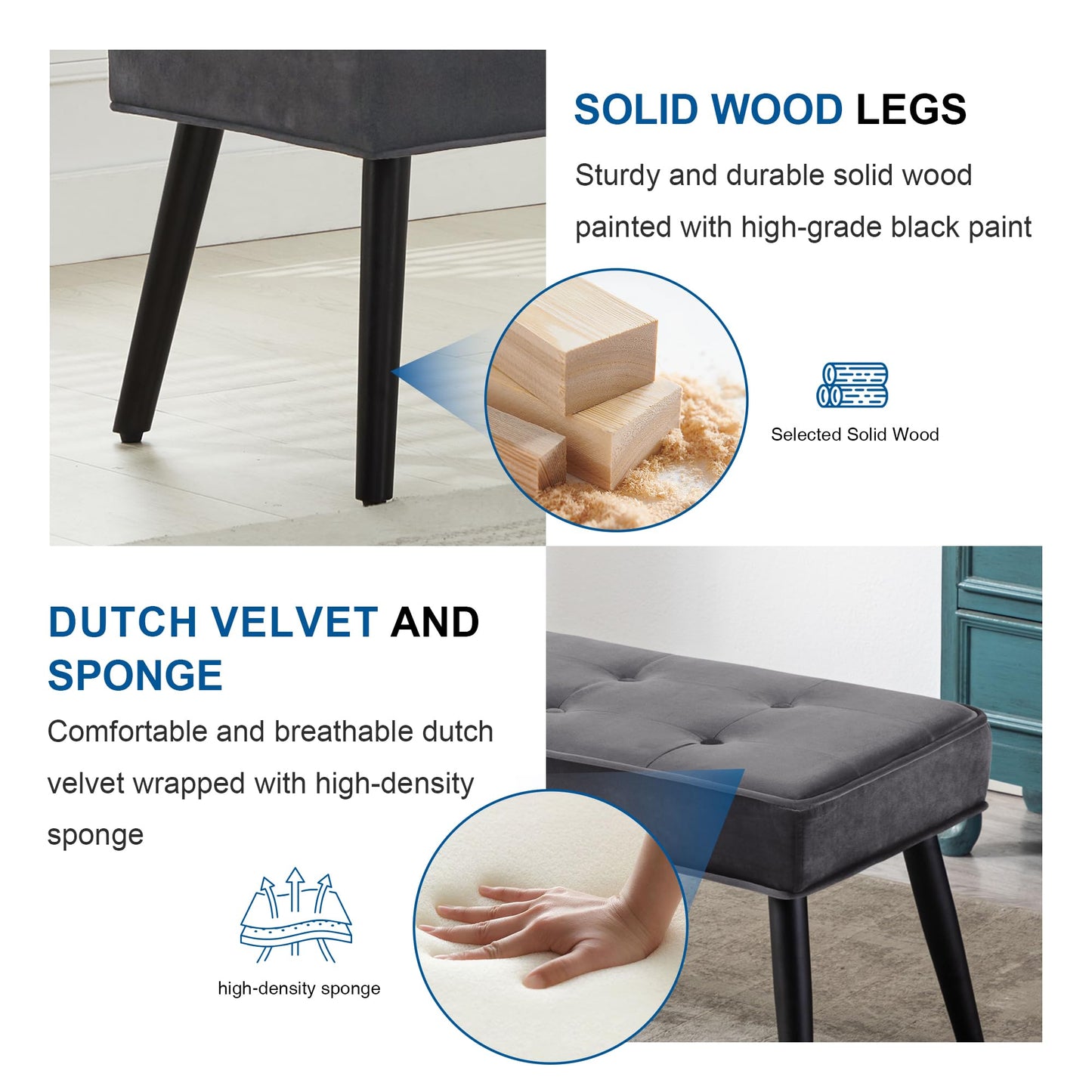 UDAX 40'' Upholstered Bench, Entryway Ottoman with Wooden Legs for Living Room, End of Bed Bench