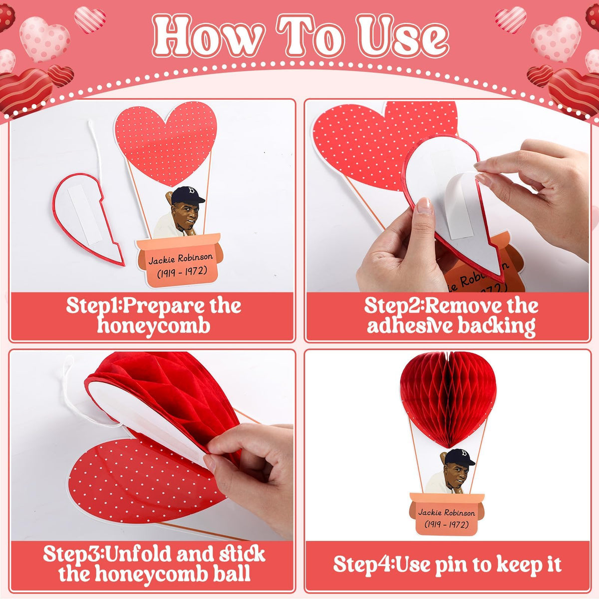 3D Valentine's Day Black History Month Bulletin Board Set Heart Shaped Honeycomb Balls Famous African American Classroom Decoration Inspirational Cutouts for School Home Chalkboard Wall Decor Supplies