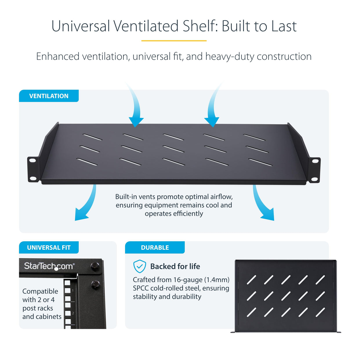 StarTech.com 1U Vented Server Rack Shelf, 12in/31.5cm Mounting Depth, for 19" Rack/Cabinet, SPCC Steel, Max 25lb/11.3kg