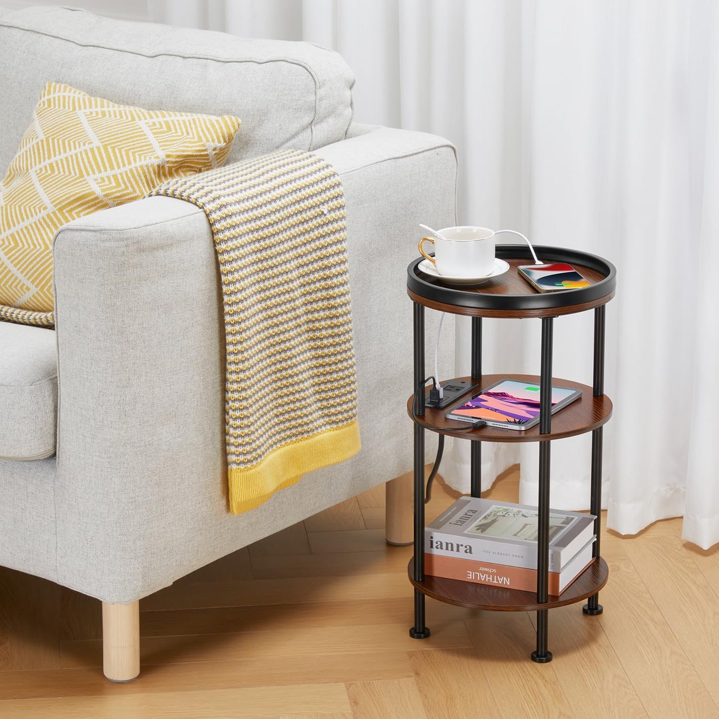 Small Round Side Table with Charging Station for Small Spaces, 3-Tier Accent Table with USB Ports & Power Outlets, Sofa Corner Tea Table for Living Room Nightstand Bedroom Apartment (USB, Cherry)