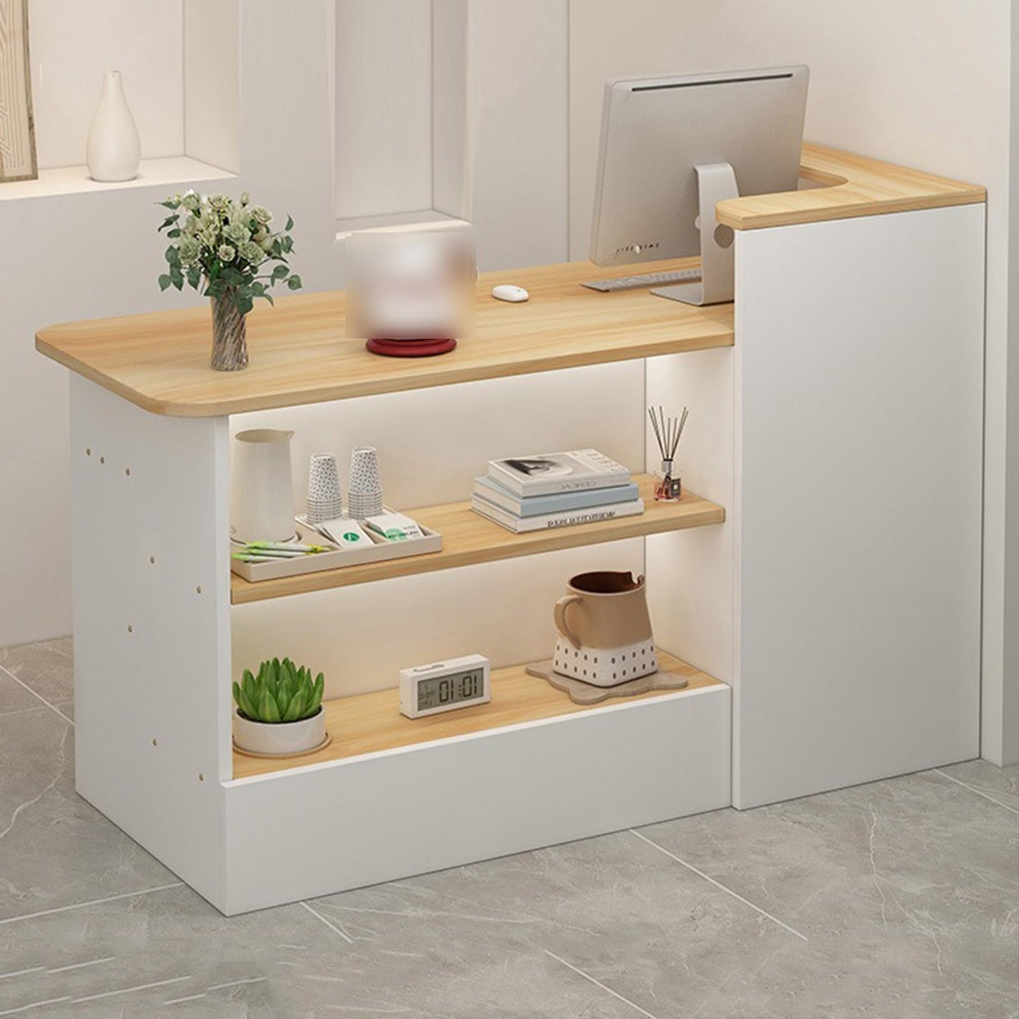 L-Shaped Reception Counter Table, Modern Checkout Cashier Cabinet with Open Shelves & Drawers, Versatile Welcome Desk for Retail, Convenience Store, Hotel, Beauty Salon