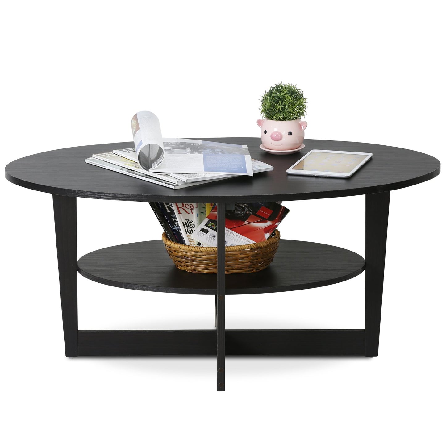 Furinno Jaya 2-Tier Round Coffee Table, Small Black Coffee Table with Storage Shelf, Oval Center Table for Living Room, Bedroom, Home Office, Black Walnut