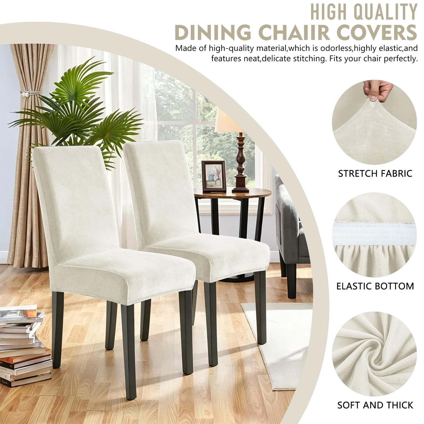 YEMYHOM Real Velvet Dining Chair Covers Set of 6, Stretch Parsons Chair Slipcovers, Super Soft Removable Washable Kitchen Chair Protector Cover for Dining Room, Restaurant, Banquet (Beige)