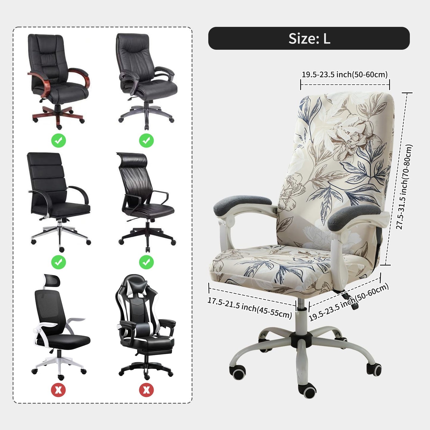 FORCHEER Printed Computer Office Chair Cover Stretchable Large Armrest Office Desk Chair Slipcover with Zipper Removable Washable Anti-Dust (Large, Floral)