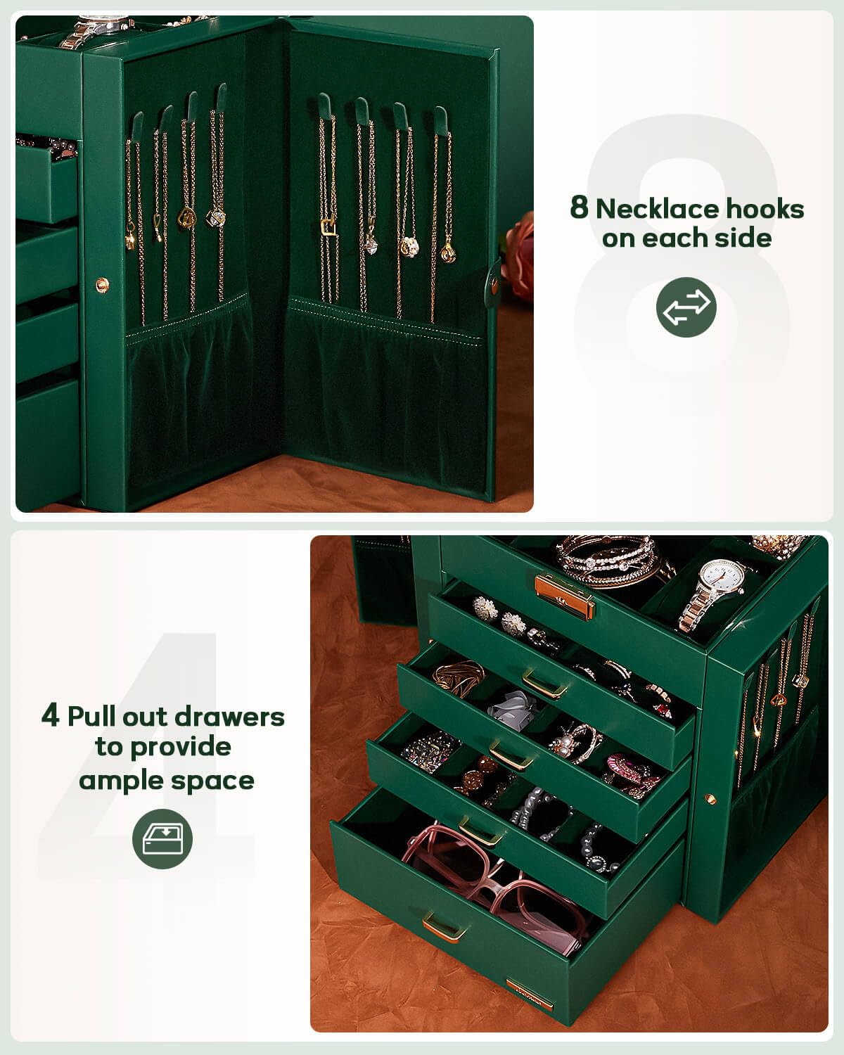 Homde Synthetic Leather Huge Jewelry Box Mirrored Watch Organizer Necklace Ring Earring Storage Lockable Gift Case (Forest Green + Gold)