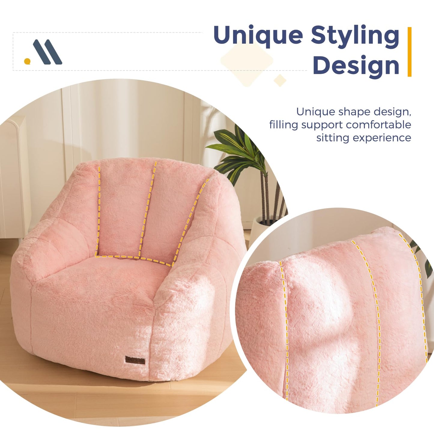 MAXYOYO Bean Bag Chair, Comfy Bean Bag Sofa with Back Support, Faux Fur Bean Bag Chair for Adults and Kids, Stuffed Floor Sofa for Living Room, Bedroom, Apartment, Pink