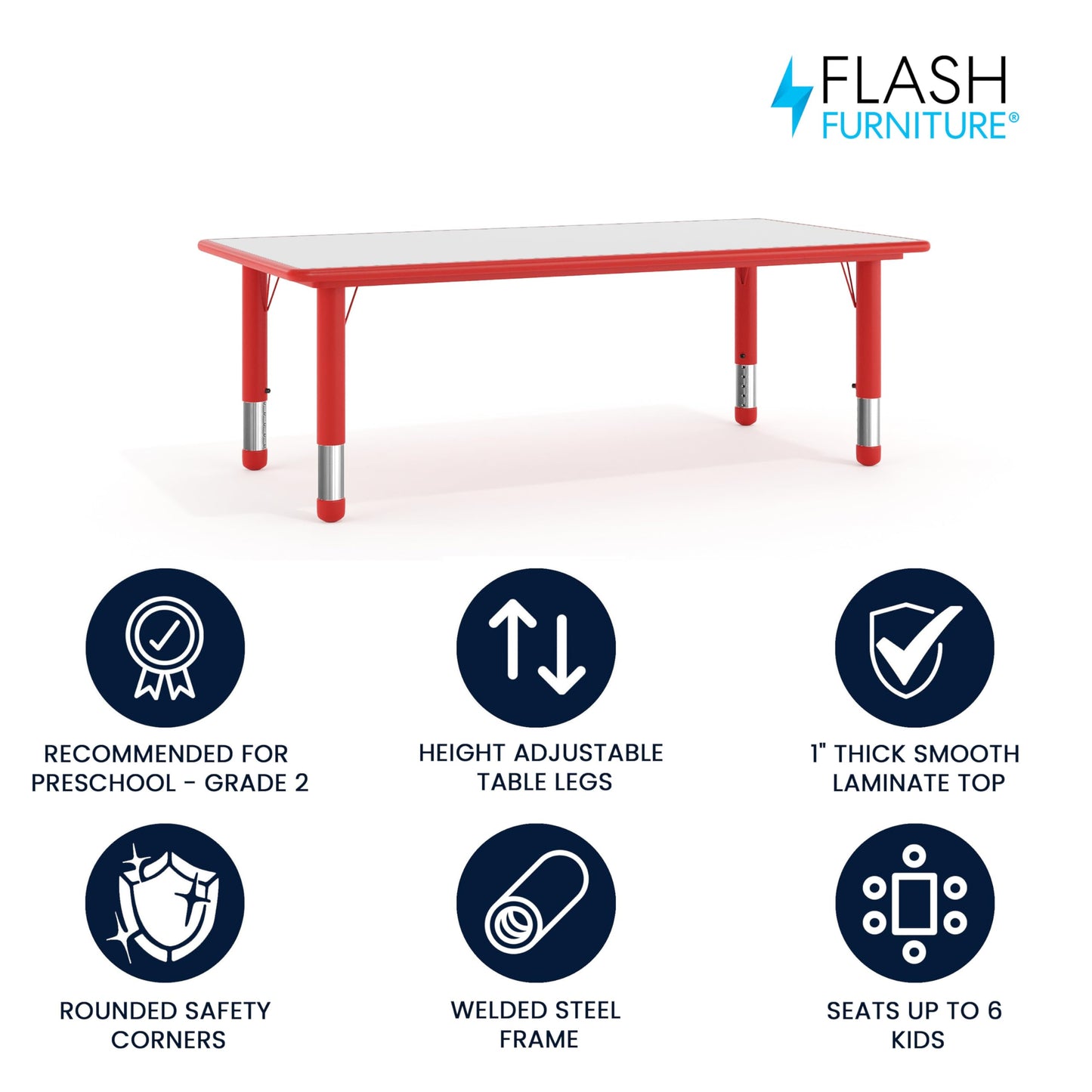 Flash Furniture Wren 23.625''W x 47.25''L Rectangular Red Plastic Height Adjustable Activity Table with Grey Top