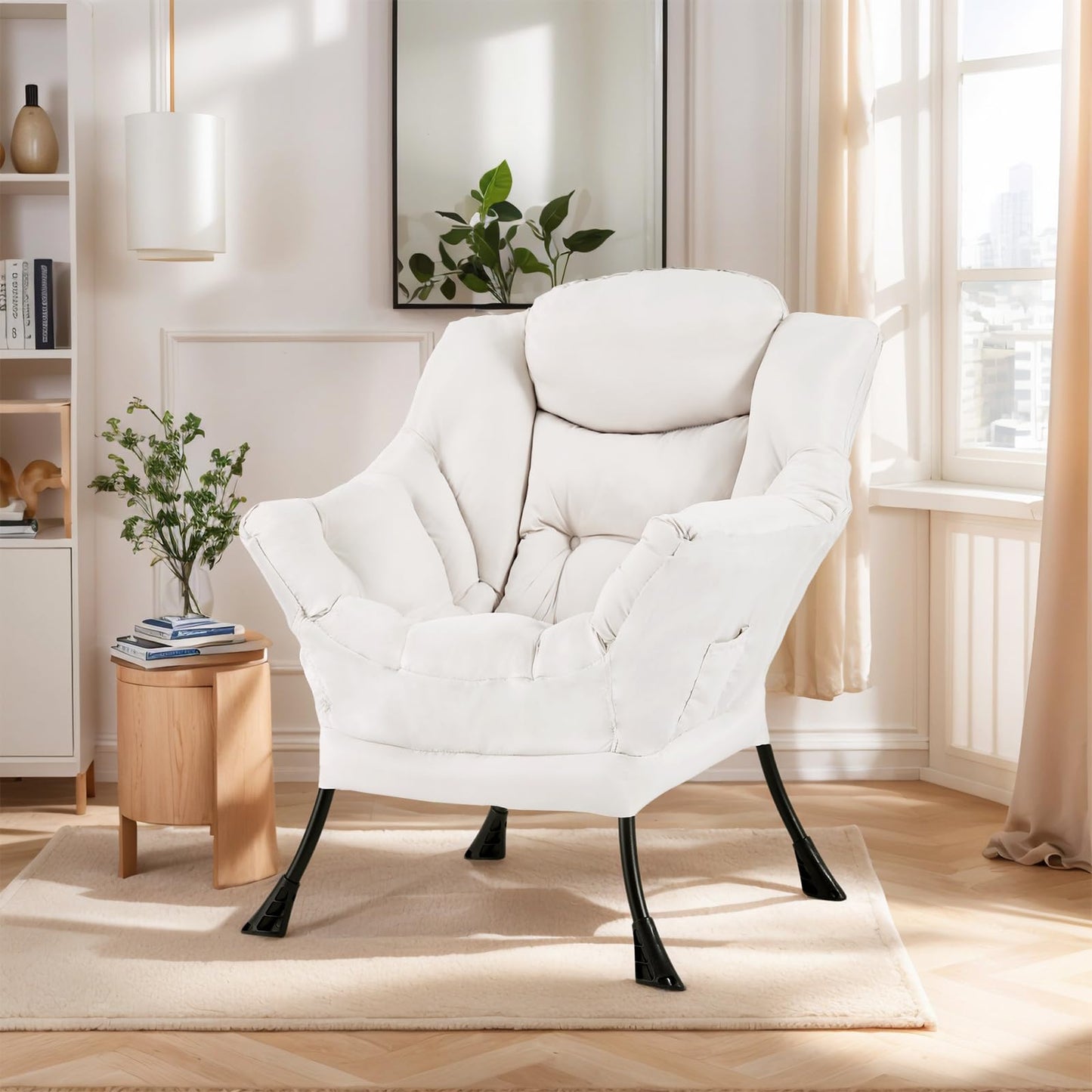Furlide Lazy Chair for Living Room, Modern Accent Chairs with Armrests, Beige Armchairs with Side Pocket, Cozy Lazy Sofa for Reading, Balcony, Bedroom, Dorm, Small Spaces