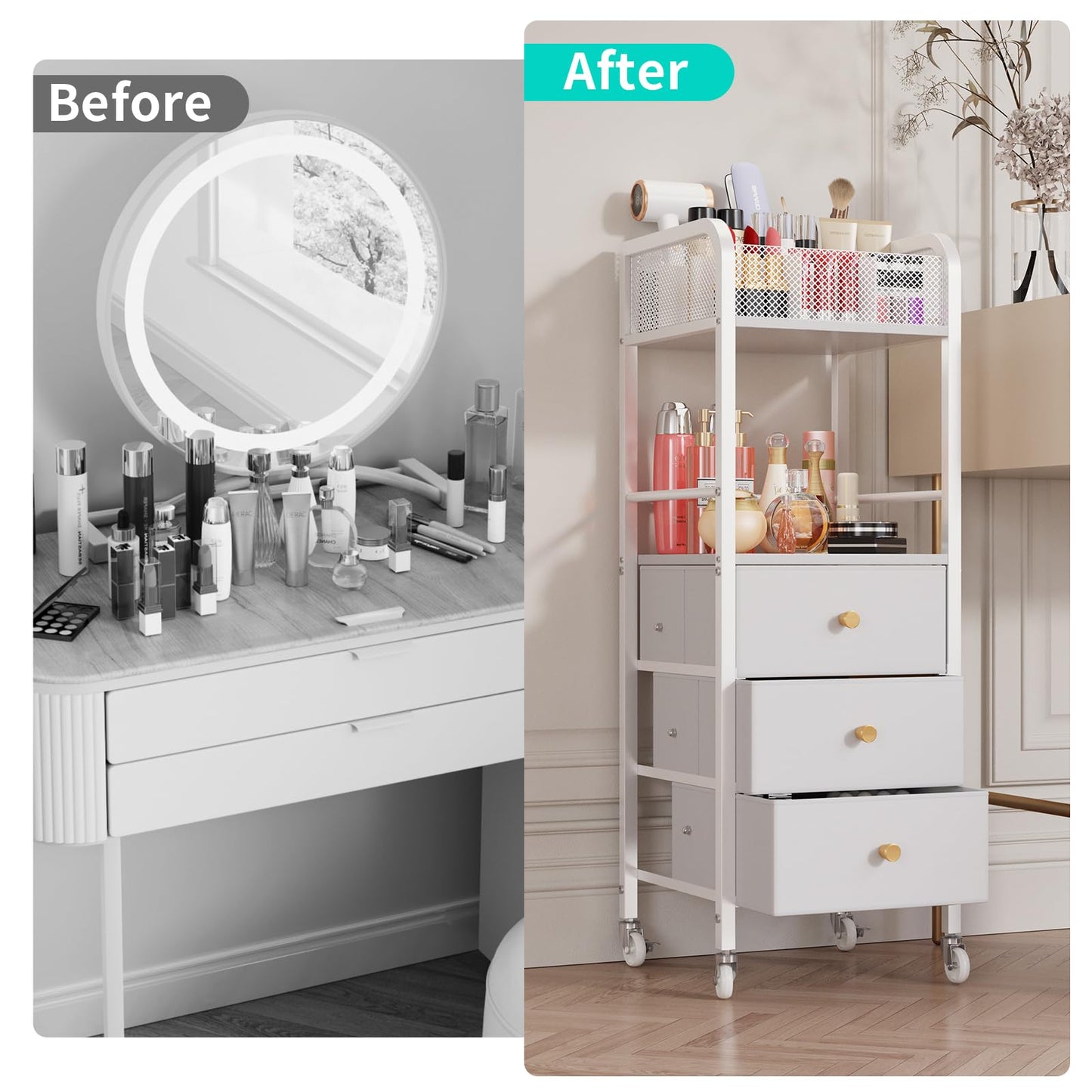 HapiRm Rolling Makeup Cart Organizer - Floor Skincare Make Up Storage with 3 Non-woven Fabric Drawers, Vanity Organizer Cosmetic Display Cases Holder for Skin Care Perfume Nail Polish Brush Hair Tool