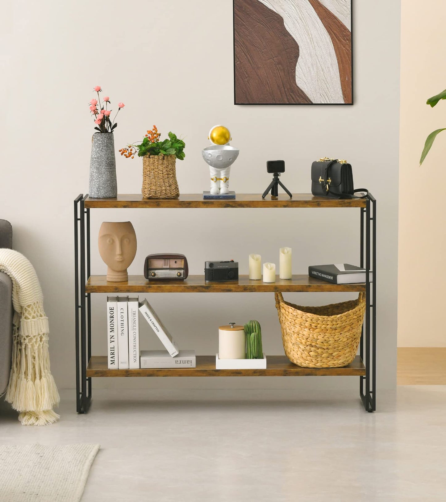 HCHQHS 3-Tier Rustic Wood and Metal Industrial Bookshelf for Home Office, Bedroom, Kitchen, Bathroom - 47in