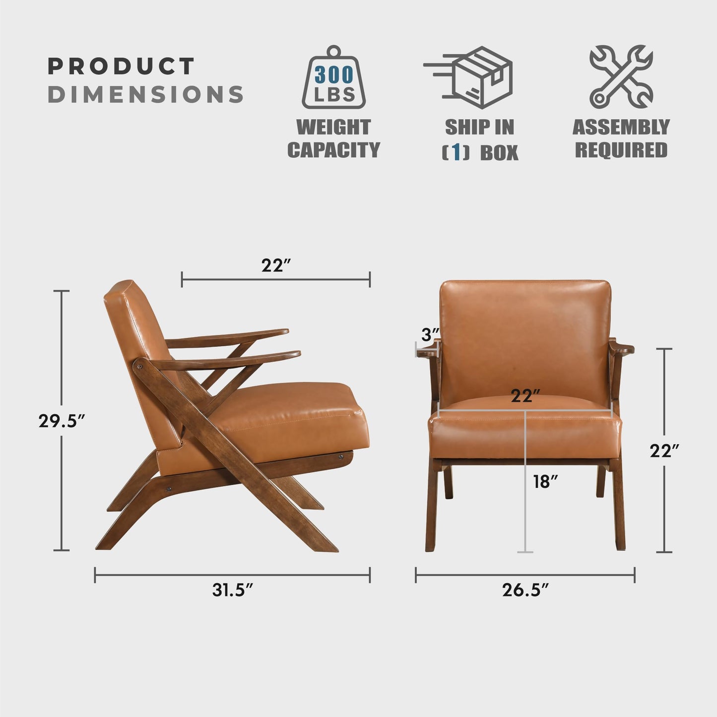 Lexicon Mid Century Modern Accent Chair, Faux Leather Upholstered Lounge Seat, Brown Finish Solid Wood Framed Comfy Side Chair for Living Room/Bedroom/Office/Waiting Area, Brown