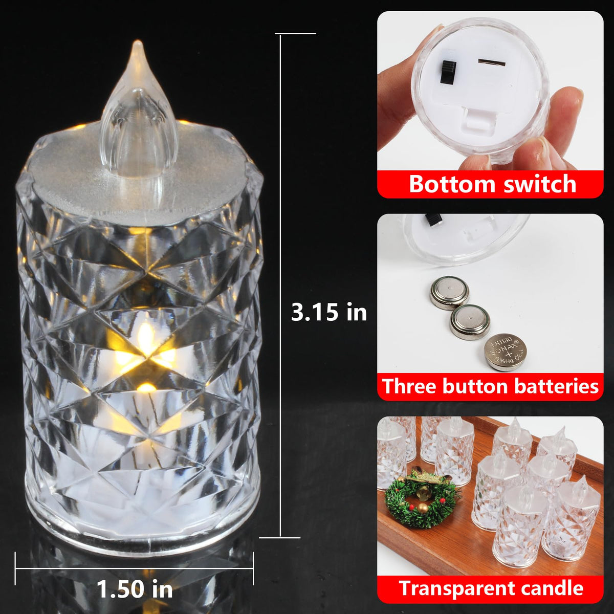 24-Pack Flameless Candles, Battery Operated Crystal LED, 200+H Runtime – Realistic Flickering Light for Table Centerpiece, Safe for Mother's Day, Father's Day, BBQs, Outdoor & Family Gatherings