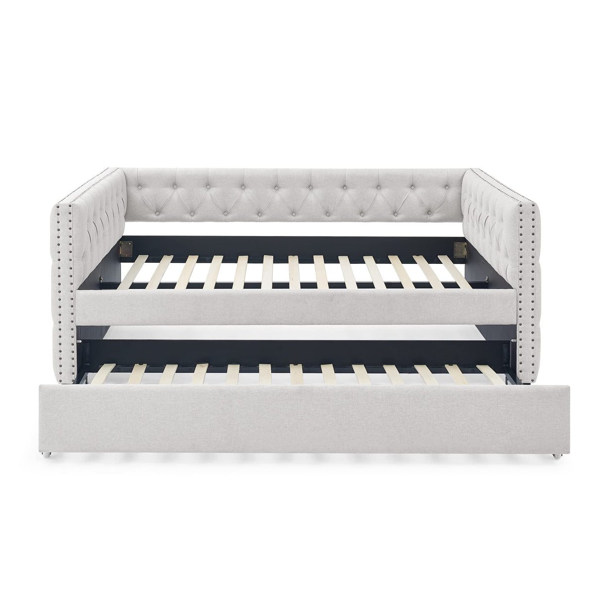 Acosure Upholstered Full Size Daybed with Trundle Twin,Solid Wooden Sofa Bed Frame W/Button Tufted & Copper Nail on Square Arms,No Spring Box Need,Bedframe for Living Room Bedroom Dorm,Beige Linen