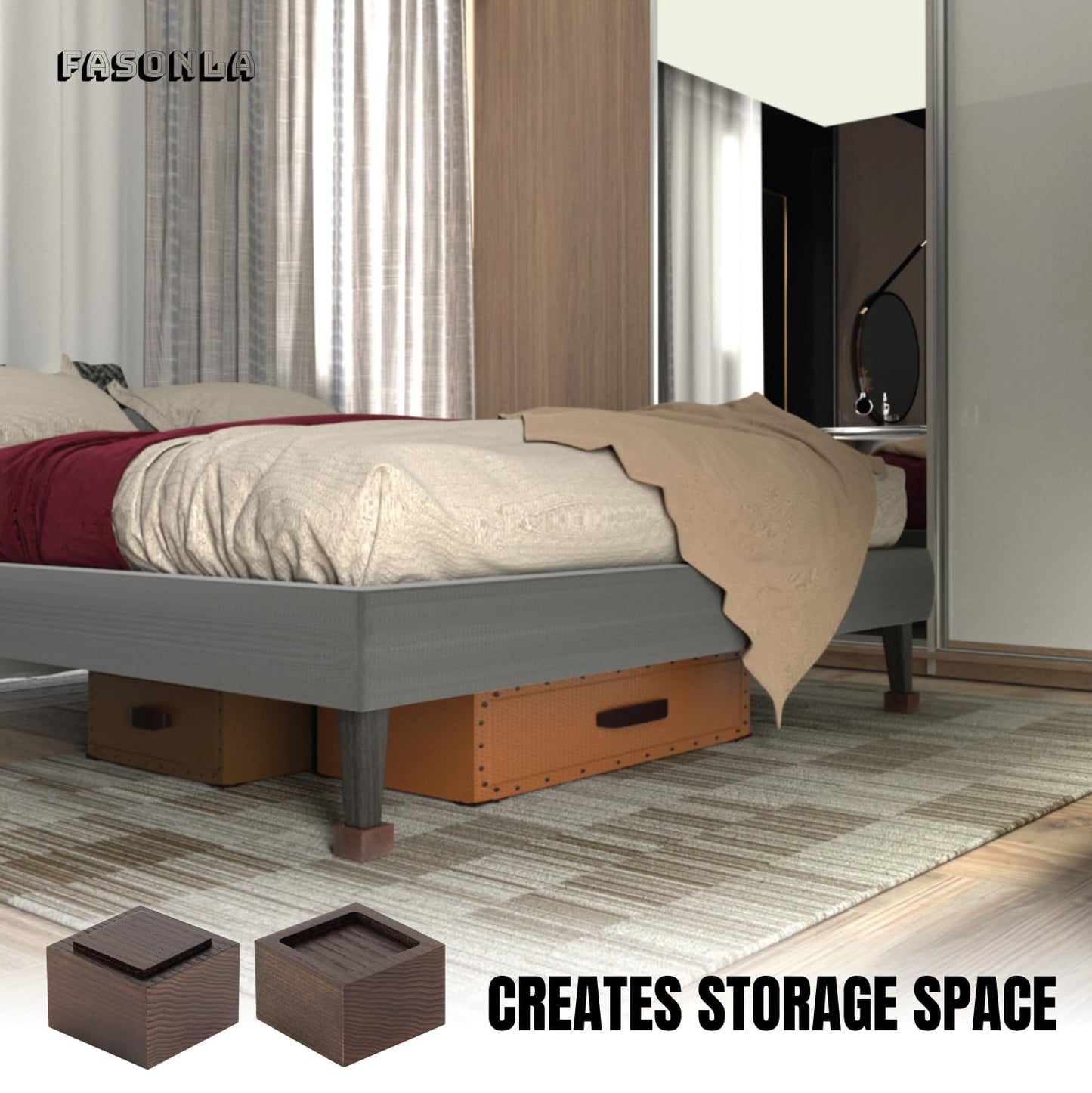 FASONLA Bed Risers (Set of 8) Furniture Risers Lifts Height 2", Oak Solid Wooden Risers for Bed, Furniture, Table, Sofa, Chair Risers with Non-Slip Recessed Hole (8pcs-2" Hight-Walnut Color)