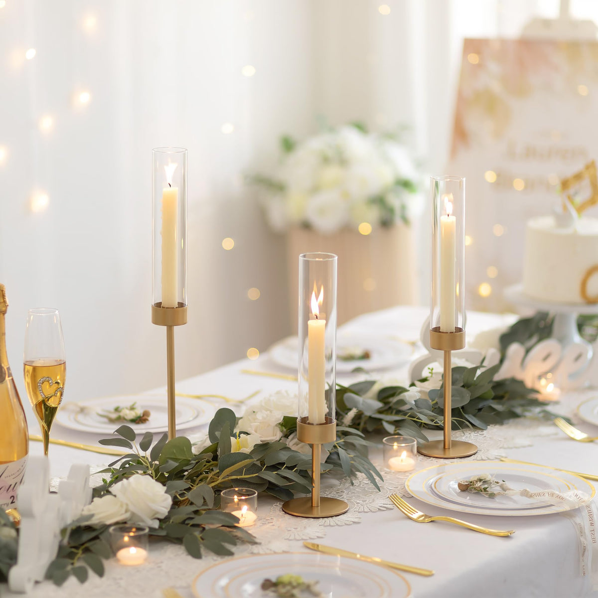 Glass Hurricane Candlestick Holders Gold - Romadedi Taper Candle Holder Tall Clear Glass Cylinder Table Centerpiece Wedding Decor Party Birthday Christmas Home Decorations Set of 3