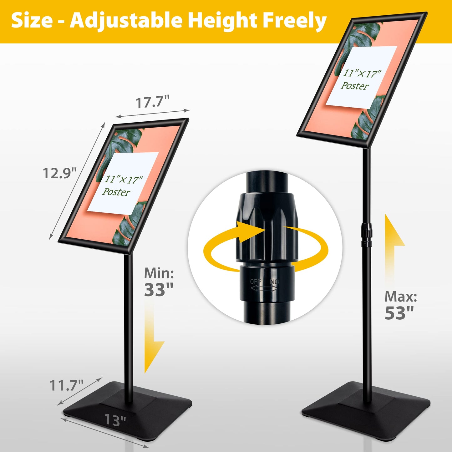VAIIGO 3 Packs Heavy Duty Pedestal Poster Sign Stand, 11"x17" Adjustable Floor Standing Sign Holder with 6.6Lbs Solid Steel Base for Vertical and Horizontal View Sign Displayed Stands, Black