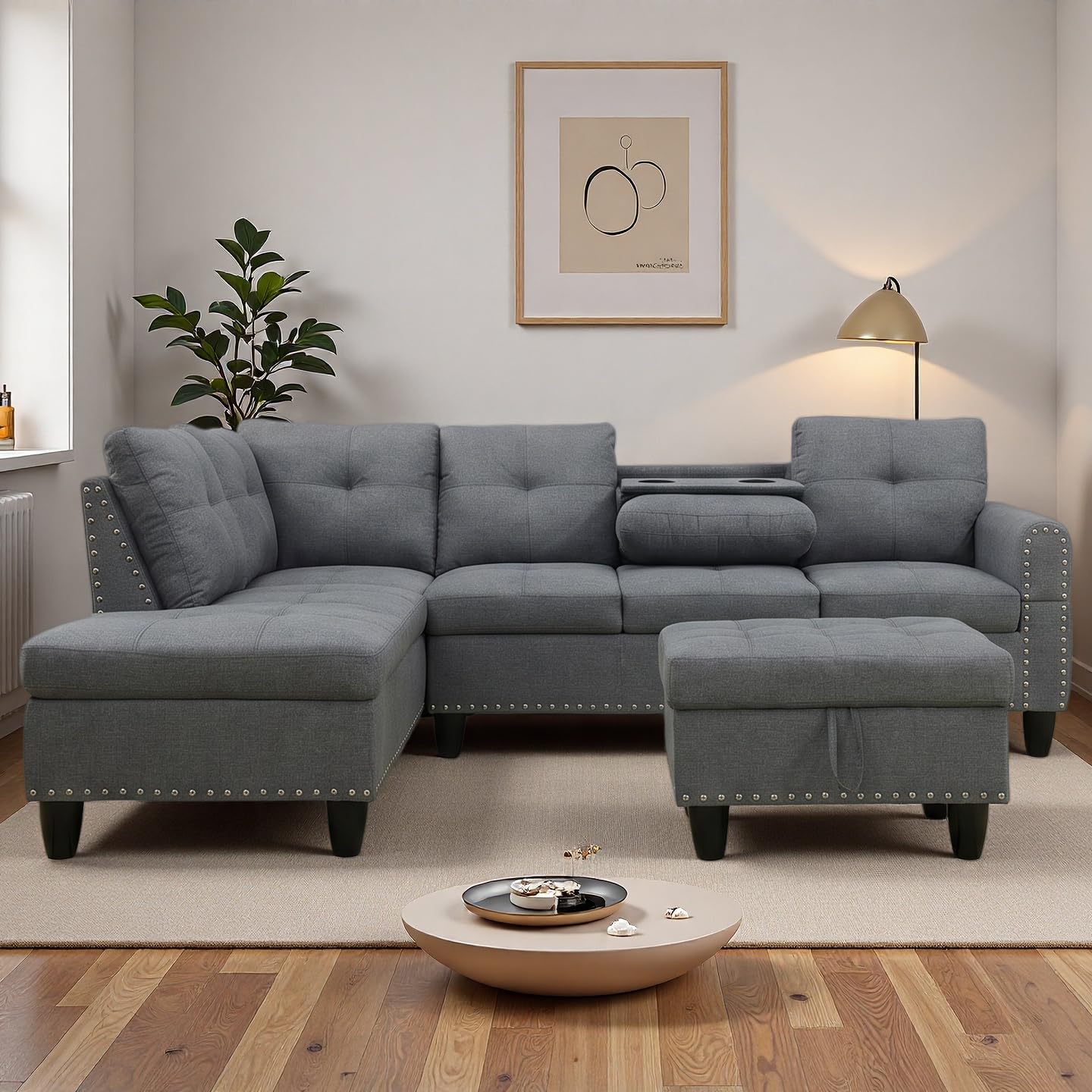 Trygoal 3-Piece L-Shaped Modular Leather Sofa – Convertible Sectional Couch with Movable Chaise & Storage Ottoman, Multi-Scene Use for Living Room, Apartment & Office, Charcoal Gray