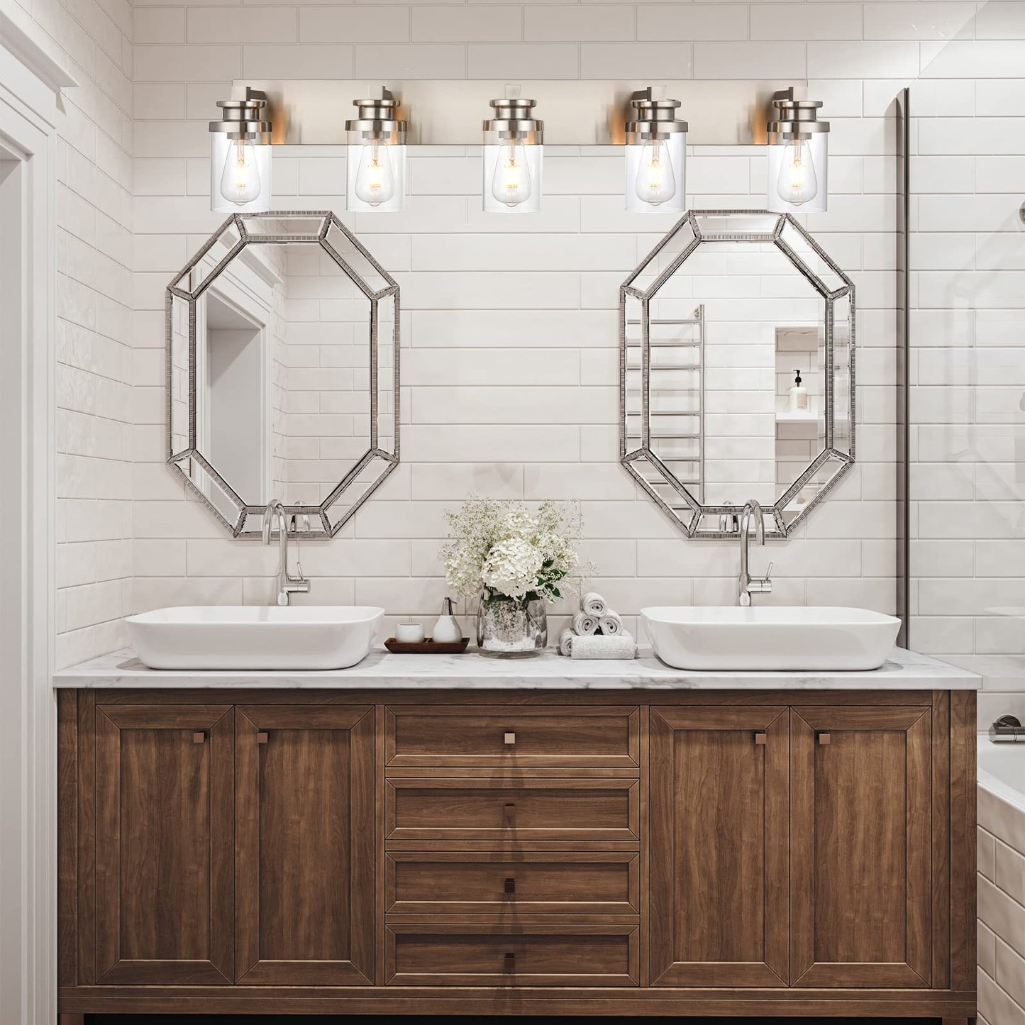 BONLICHT Transitional 5 Light Brushed Nickel Metal Base Wall Mount Lights with Clear Glass Shade Interior Modern Bathroom Vanity Lighting Fixture for Kitchen Corridor Dressing Table Powder Room