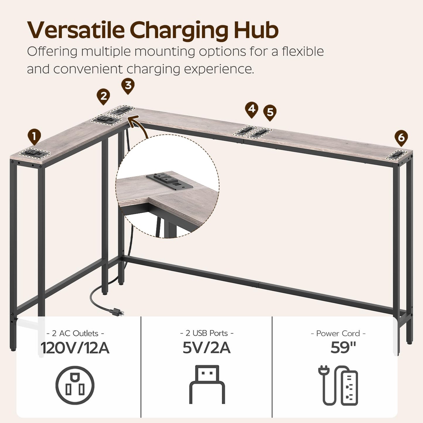 YATINEY Narrow Console Table with Outlets, 78.7" Sofa Table Narrow Long, L Shaped Behind Couch Entryway Table with Charging Station, for Living Room, Hallway, 3 Assembly Options, Greige CT17UBG