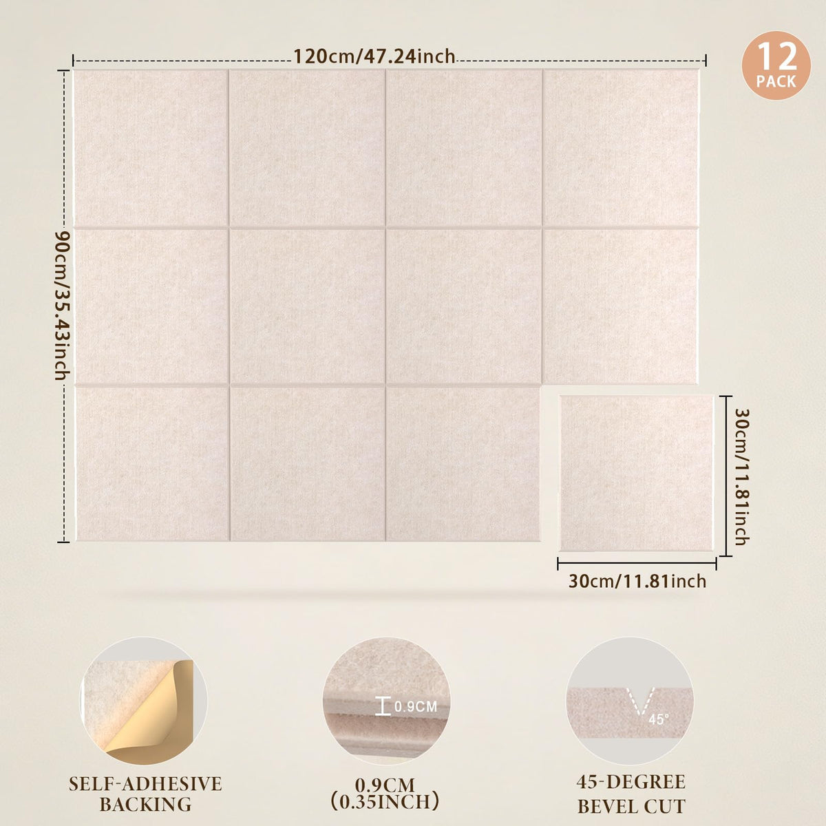 JBER Large Felt Bulletin Board 48"x36" - 12 Pack Felt Wall Tiles, Cork Board Alternative to Use in Office & Home Decor, Classroom Decor, Vision Board to Display Your Photos(Light Camel)