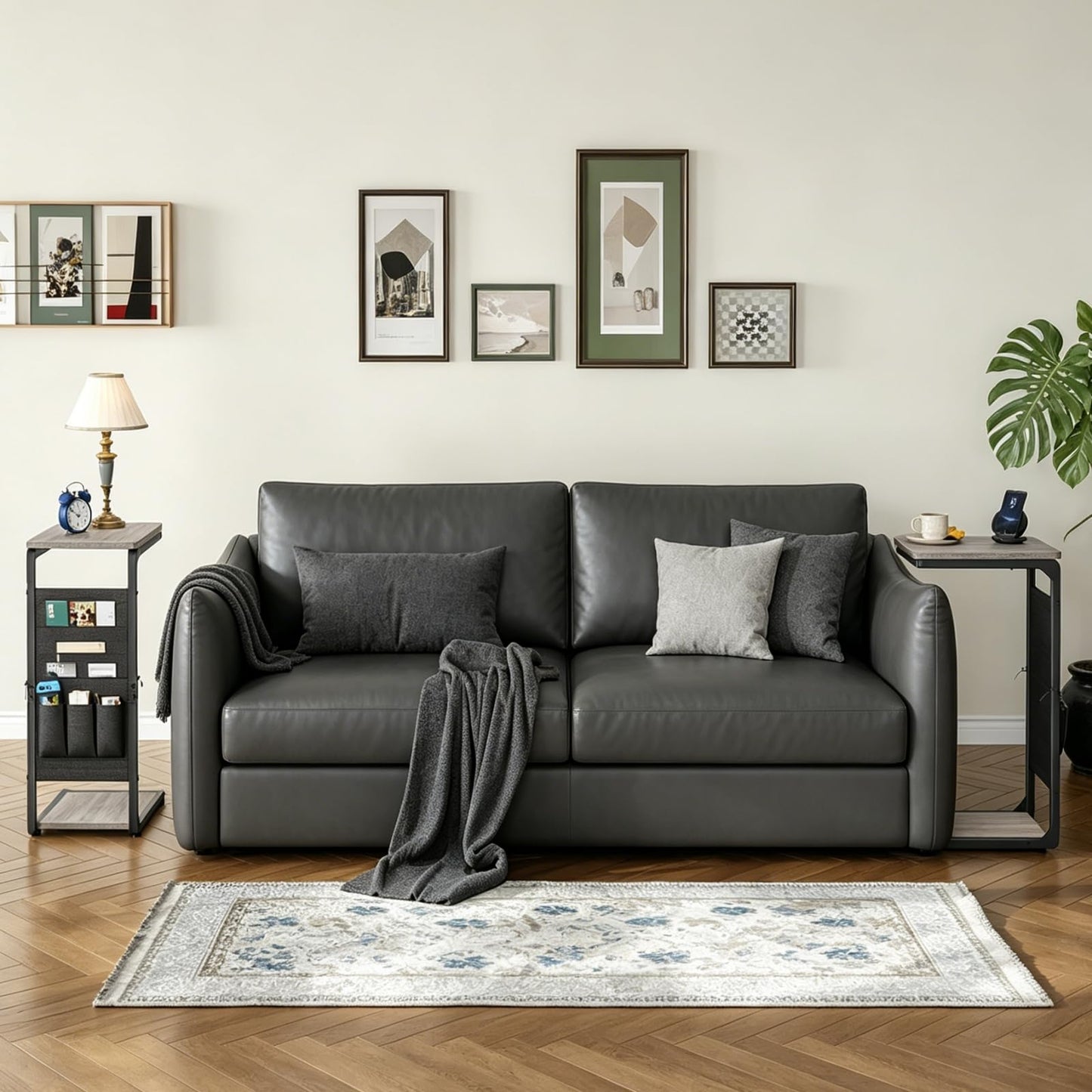 Wood Pedestal Couch End Tables Set of 2, TV Trays for Eating on Couch Tables that Slide Under, Dinner Snack Coffee Sofa C Shaped Side Table, Small Stand TV Tray for Couches Living Room, Grey ET-P-GY2