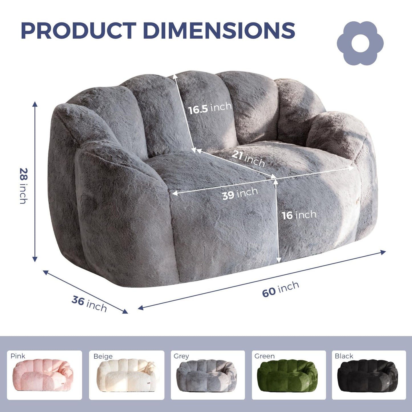 MAXYOYO Bean Bag Chair for Adults, Loveseat Floral Shaped Bean Bag Sofa, Ultra Soft Love Seat Mini Sofa Couch, Faux Fur Reading Chair for Living Room Bedroom, Dark Grey