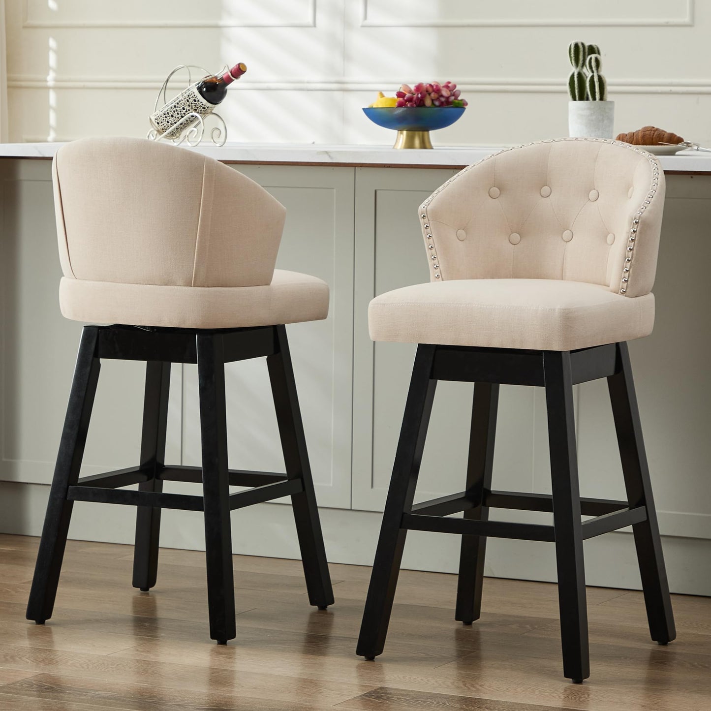 UDAX 29''Swivel Bar Stools Set of 2, Upholstered Barstools with Backs, Modern Counter Height Bar Stool Chairs for Kitchen Island, Wood Legs, Counter Stools