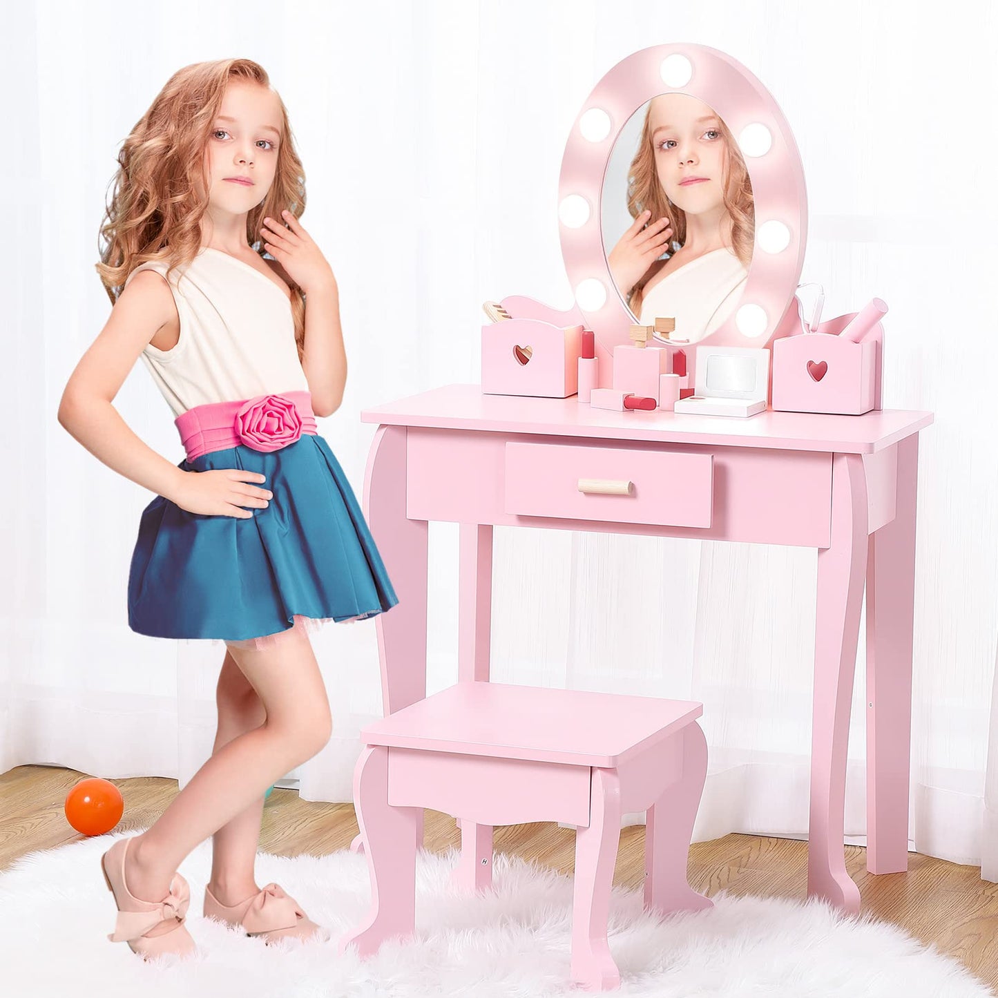 Garvee Kids Vanity Set, Pretend Play Girls Vanity Table and Chair Set with Lighted Mirror, Stool, and Wood Makeup Playset, Pink