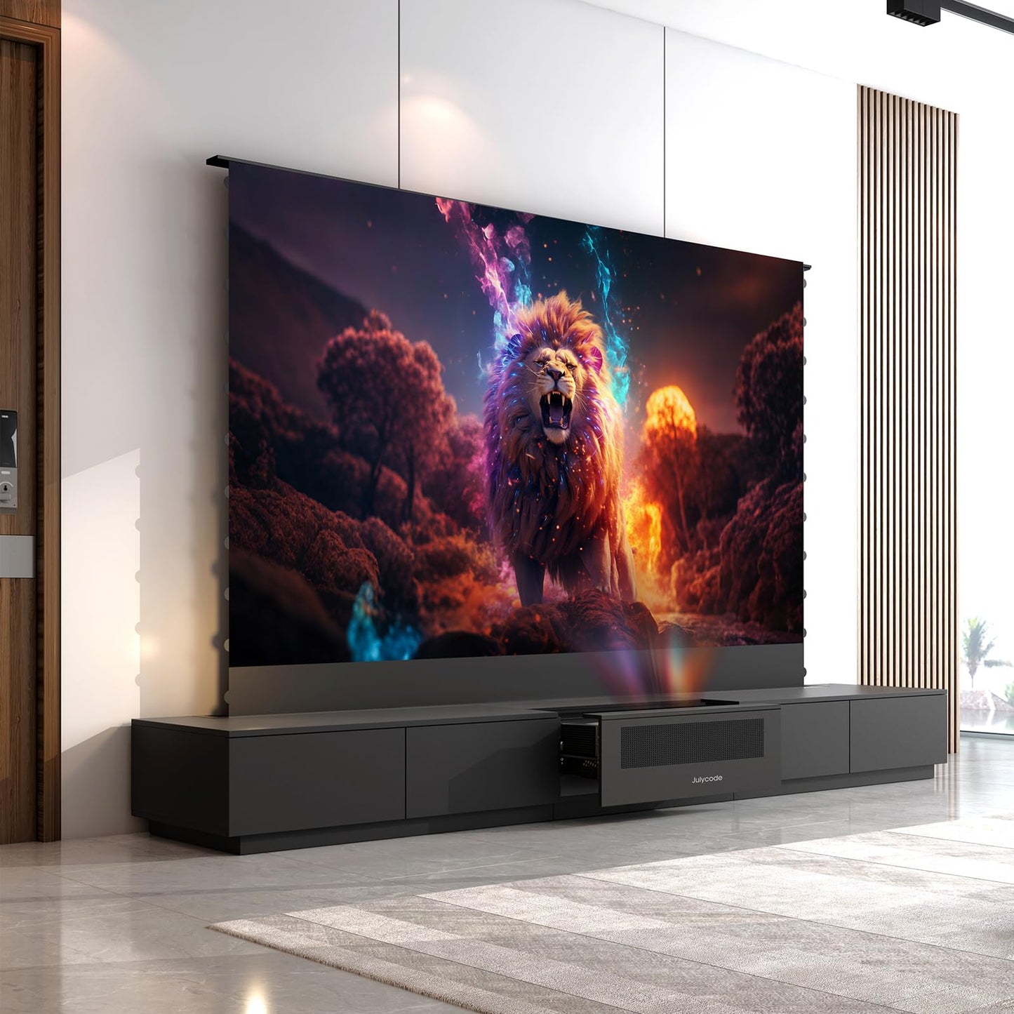 Julycode Motorized Laser TV Cabinet with ALR Floor-Rising Screen for Ultra - Short Throw Projector (Black, 100'' Laser Cabinet)