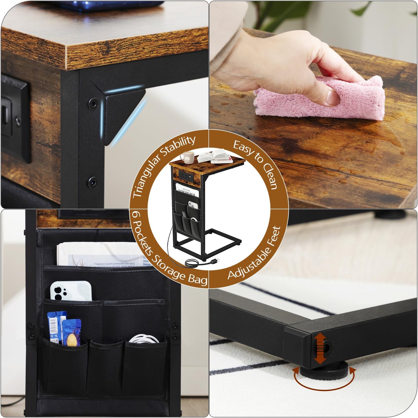 AMHANCIBLE C Shaped End Table with Charging Station, TV Tray Couch Tables with Storage Bag, Slide Under Sofa Side Side Table with USB Ports and Outlets for Living Room, Rustic Brown, HET04CBR-1