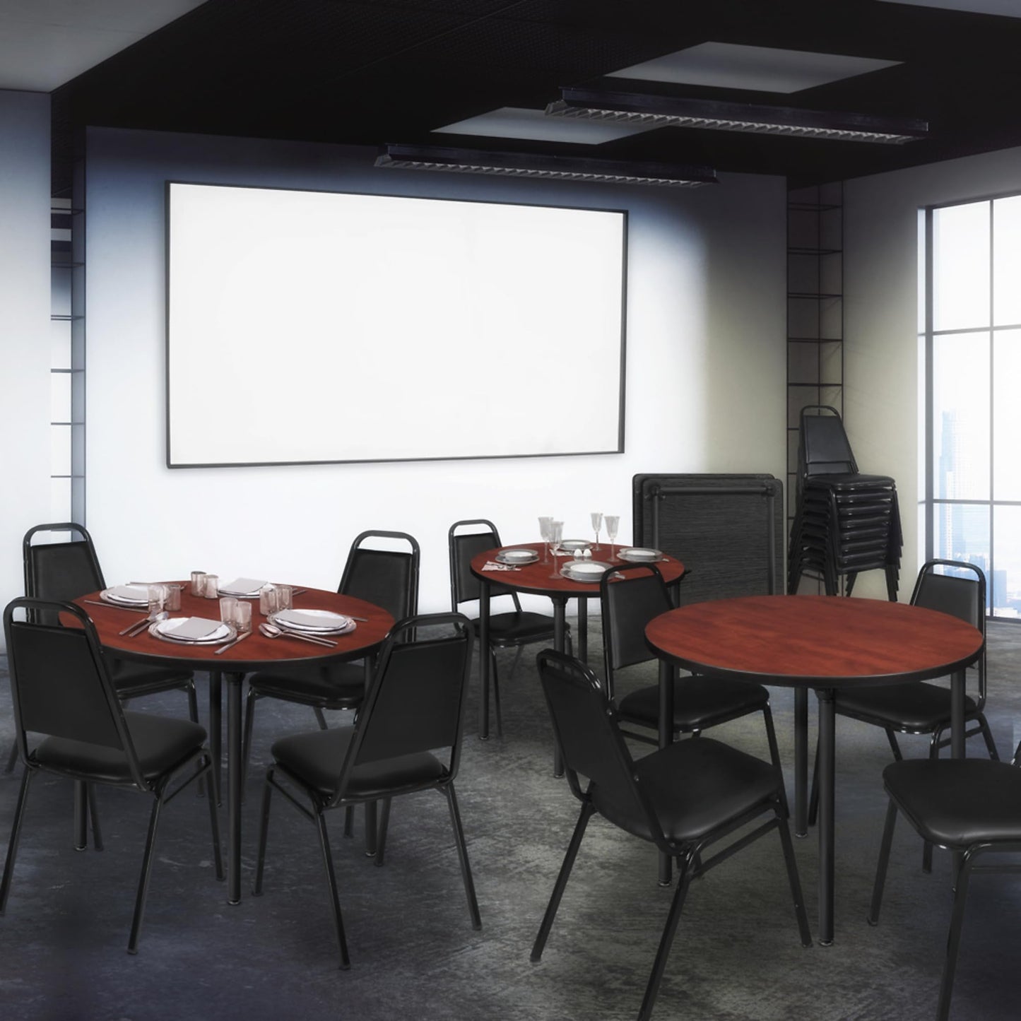 Regency Kee 36 in. Medium Round Breakroom Table- Cherry Top, Black Folding Legs