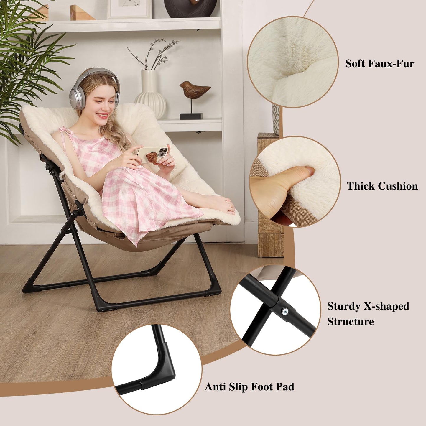 Mordchil HF Comfy Saucer Chair for Adults, Soft Faux Fur Bedroom Chair, Accent Dorm Chairs, Flexible Living Room Reading Chairs, Oversized Folding Seat for Teens, X-Large, Beige