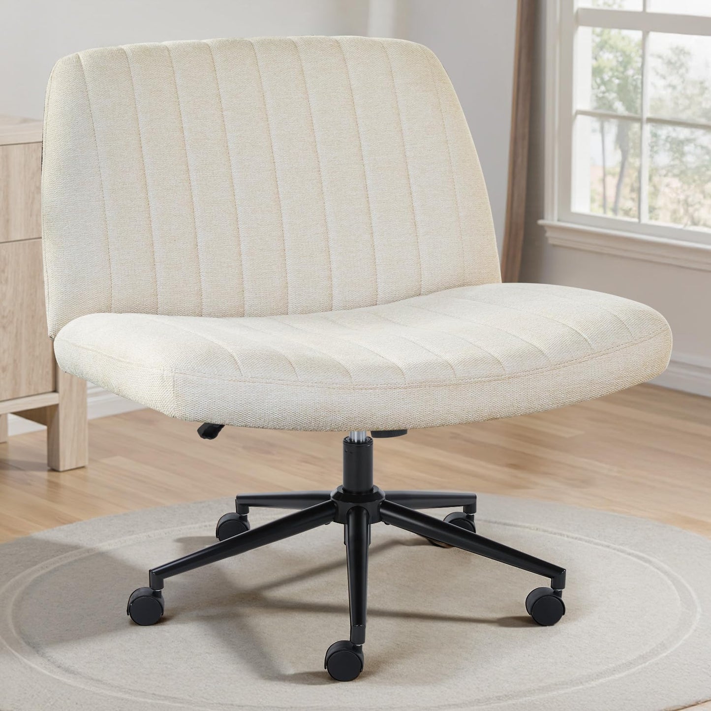 OLIXIS Criss Cross Chair with Wheels Wide Cross Legged Office Desk Vanity Chair Comfy Fabric Armless Adjustable Swivel for Home Computer Task Fabric Beige