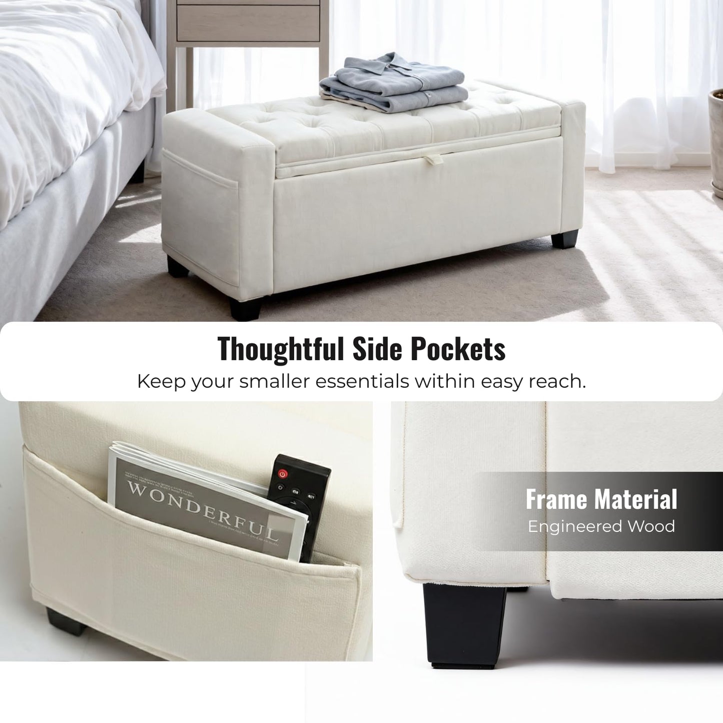 ZideGomai Storage Ottoman Bench for Bedroom, End of Bed Bench with Hidden Storage, Upholstered Tufted Linen Ottoman with Safety Hinge, Bedroom Bench with Storage, 43 Inch, 350lb, Linen Beige