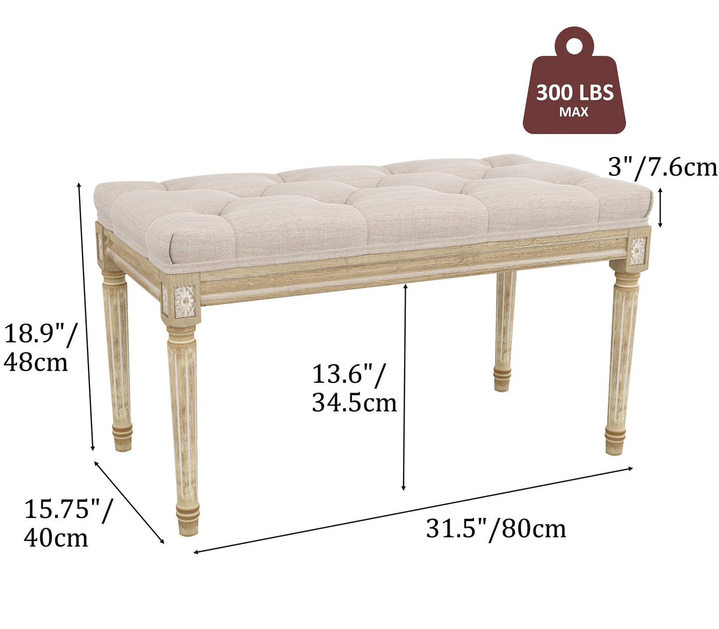Yusong Upholstered Bench, Bedroom Bench for End of Bed, Piano Bench with Button Tufted Padded Seat for Living Room, Dining, Entryway, Shoe, Vanity Foot-Stool with Carved Wood Legs, Beige