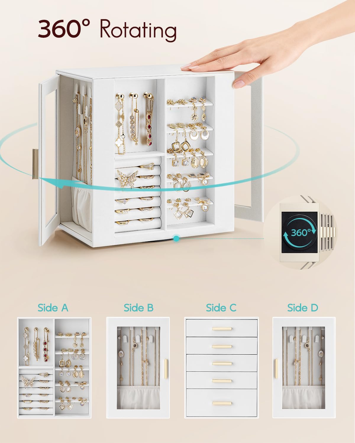 VLANDO 360° Rotating Jewelry Box with 5 Drawers, Large Jewelry Storage with 2 Glass Window, PU Leather Jewelry Organizer for Bracelets, Necklaces, Earrings, Rings - White