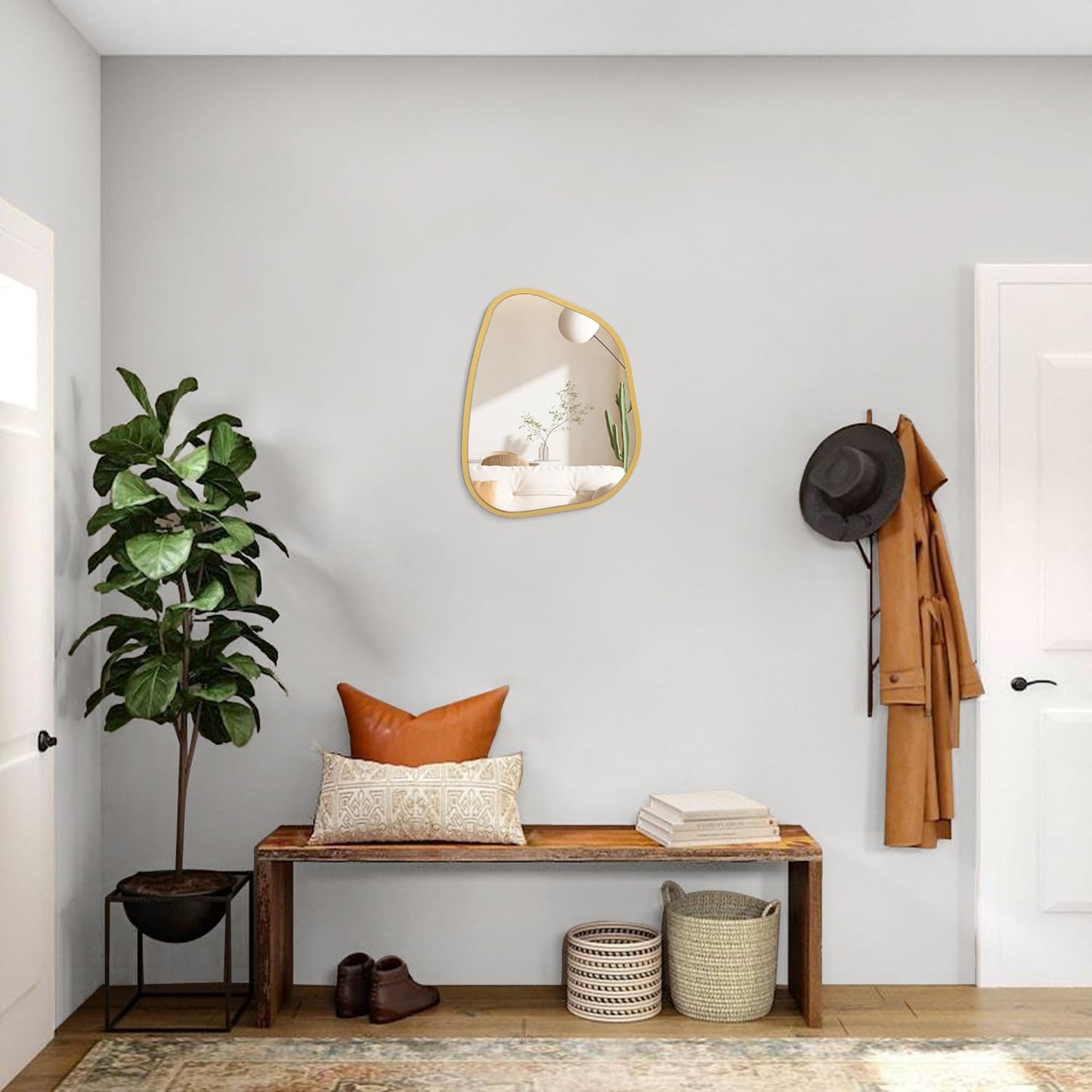 HLFMVWE Asymmetrical Accent Mirror for Wall Irregular Oval Wood Frame Modern Unique Wall Mirror Decorative Vanity Bathroom Living Room Bedroom Entryway Hallway Artistic Mirror Small Gold 14"x10"